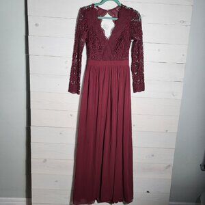 Lulu's Burgundy Lace Long Sleeve Maxi Dress